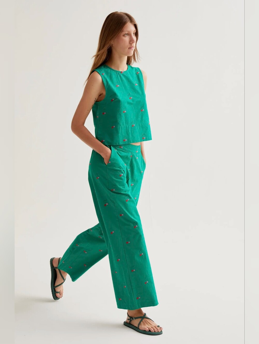 Embroidered Cherry Print Trouser